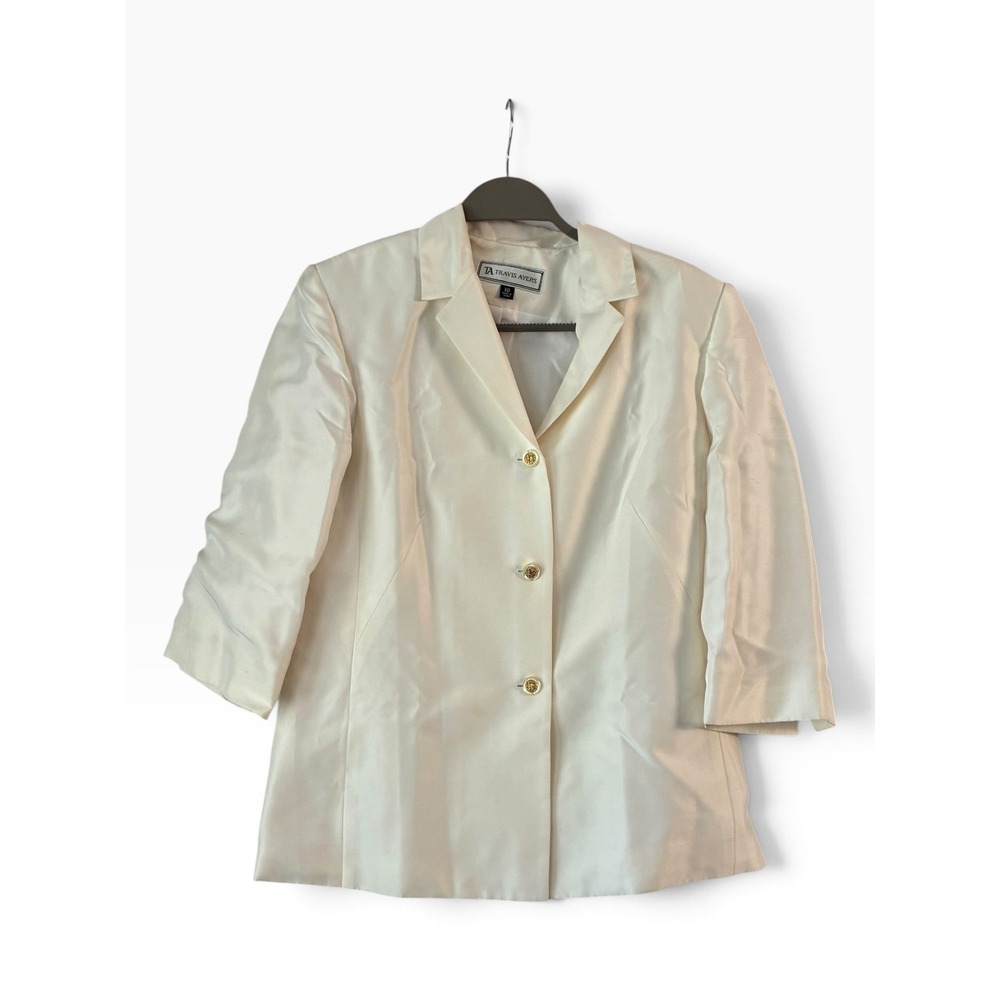 Travis Ayers Blazer Women 10 Cream Excellent Silk 3/4 Sleeve Gold Button Luxury
